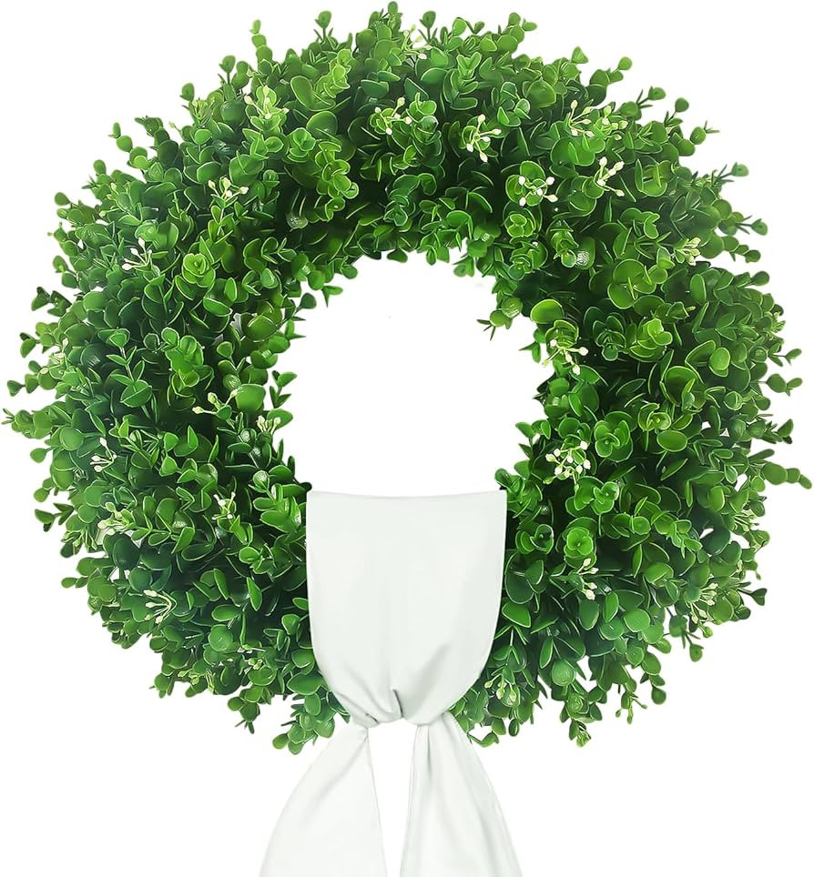 20'' Boxwood Wreaths for Front Door, UV Resistant Leaves & White Flower Buds, Artificial Green Sp... | Amazon (US)