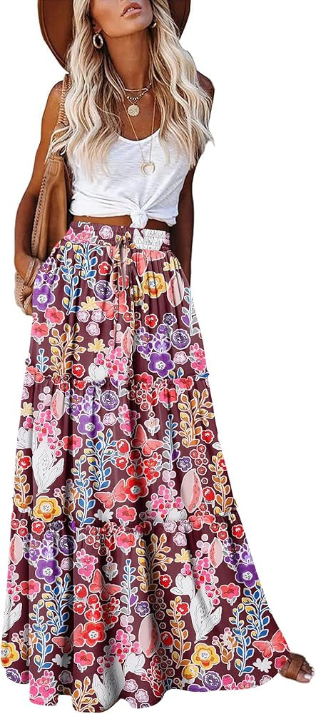onlypuff Maxi Skirt for Women Boho Western Skirts High Waist Long Skirt with Pockets Fall Festiva... | Amazon (US)