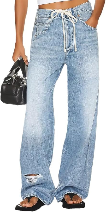 Flamingals Wide Leg Low Rise Casual Drawstring Cut Out Denim Jeans with Pockets | Amazon (US)