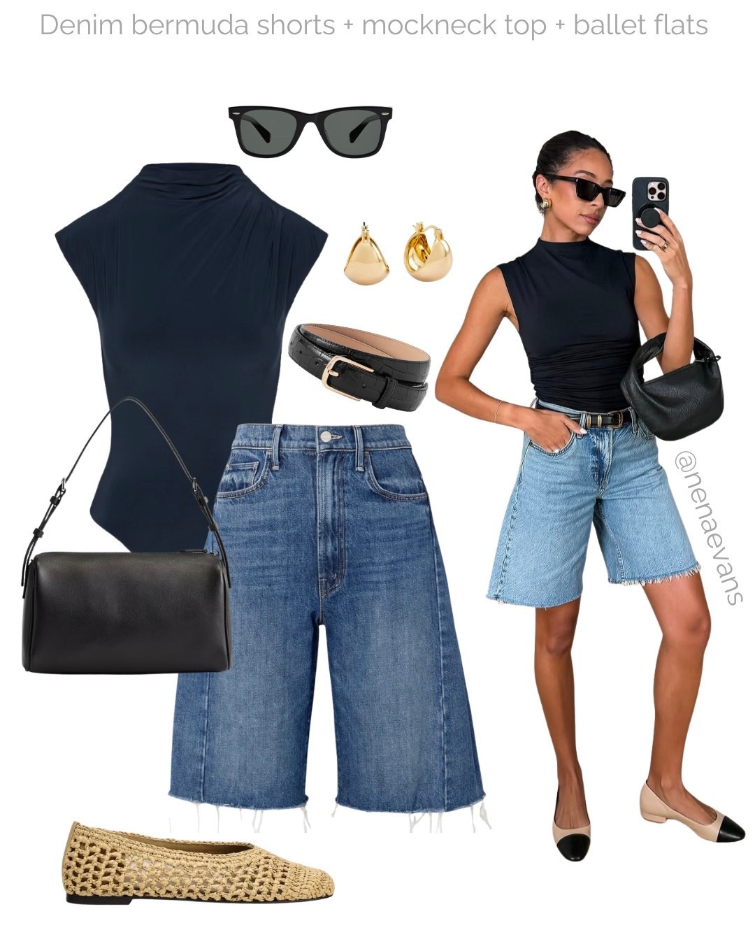 Elevated early summer outfit inspired by @nenaevans ✨

Tags: Late spring outfit formula, denim Bermuda shorts, woven ballet flats, aritzia navy blue bodysuit, mockneck top, quince gold earrings, black leather belt, black handbag, neutral aesthetic,