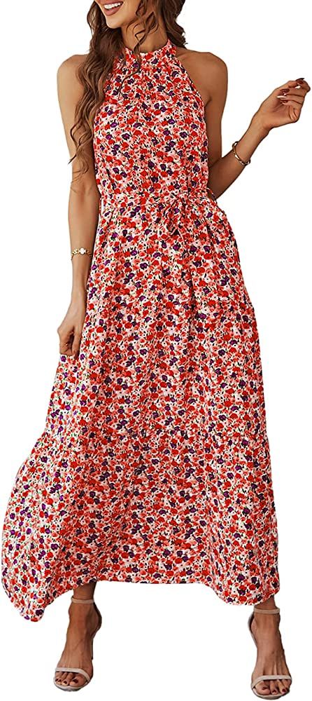 PRETTYGARDEN Women's Summer Floral Maxi Sun Dress Sleeveless Halter Neck Flowy Ruffle Hem Long Bo... | Amazon (US)