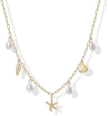 PAVOI 14K Gold Plated Beach Charm Necklace for Women - Dainty Paperclip Chain Trendy Beachy Multi... | Amazon (US)