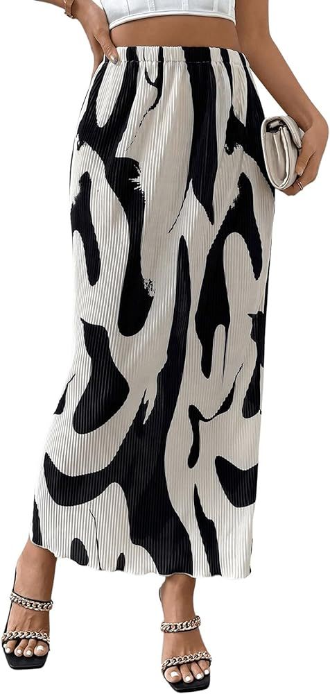 SweatyRocks Women's Casual Elastic Waist Graphic Print Skirt Straight Hem Ribbed Midi Skirts | Amazon (US)