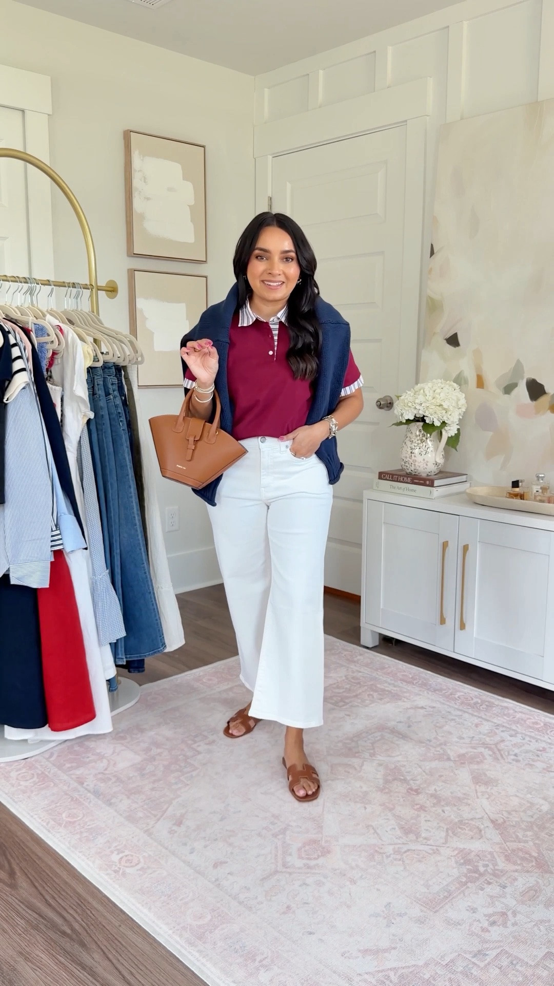 Burgundy crimson color polo shirt size xs TTS
White jeans size 26 petite TTS
Brown sandals are hermes, similar linked
Navy sweater size xxs TTS

#LTKSaleAlert #LTKootd #LTKPetite