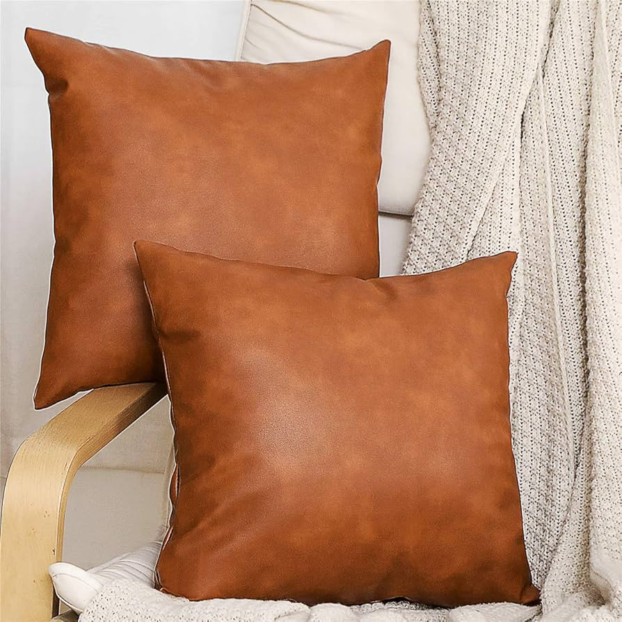 SEEKSEE Brown Faux Leather Accent Throw Pillow Cover 18x18 inch, 2-Pack Modern Country Farmhouse ... | Amazon (US)