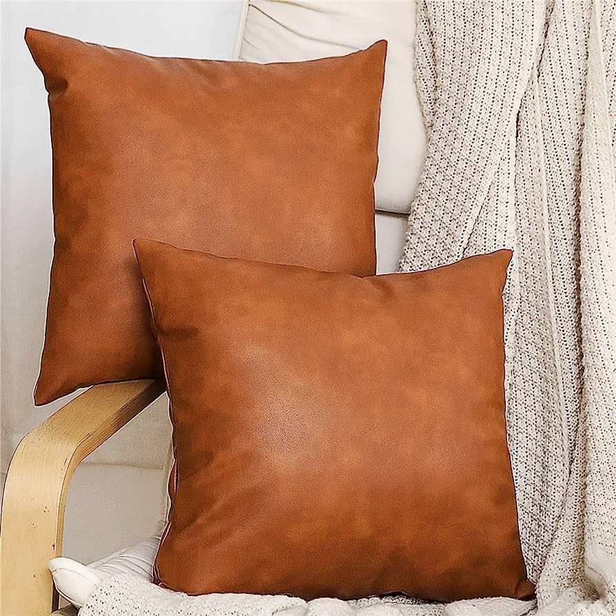 SEEKSEE Brown Faux Leather Accent Throw Pillow Cover 18x18 inch, 2-Pack Modern Country Farmhouse ... | Amazon (US)