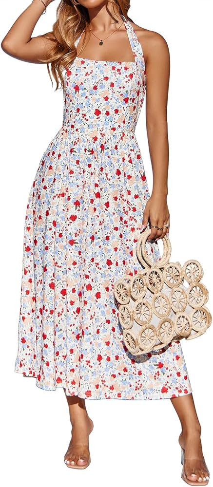 Sureple Women's Summer Halter Midi Dress with Pockets Sleeveless Drop Waist Swing Aline Flowy Bea... | Amazon (US)