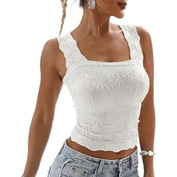 PICPUNMAK Women Square Neck Wide Straps Crop Tank Tops Flower Lettuce Trim Crop Vest Slim Fitted ... | Amazon (US)