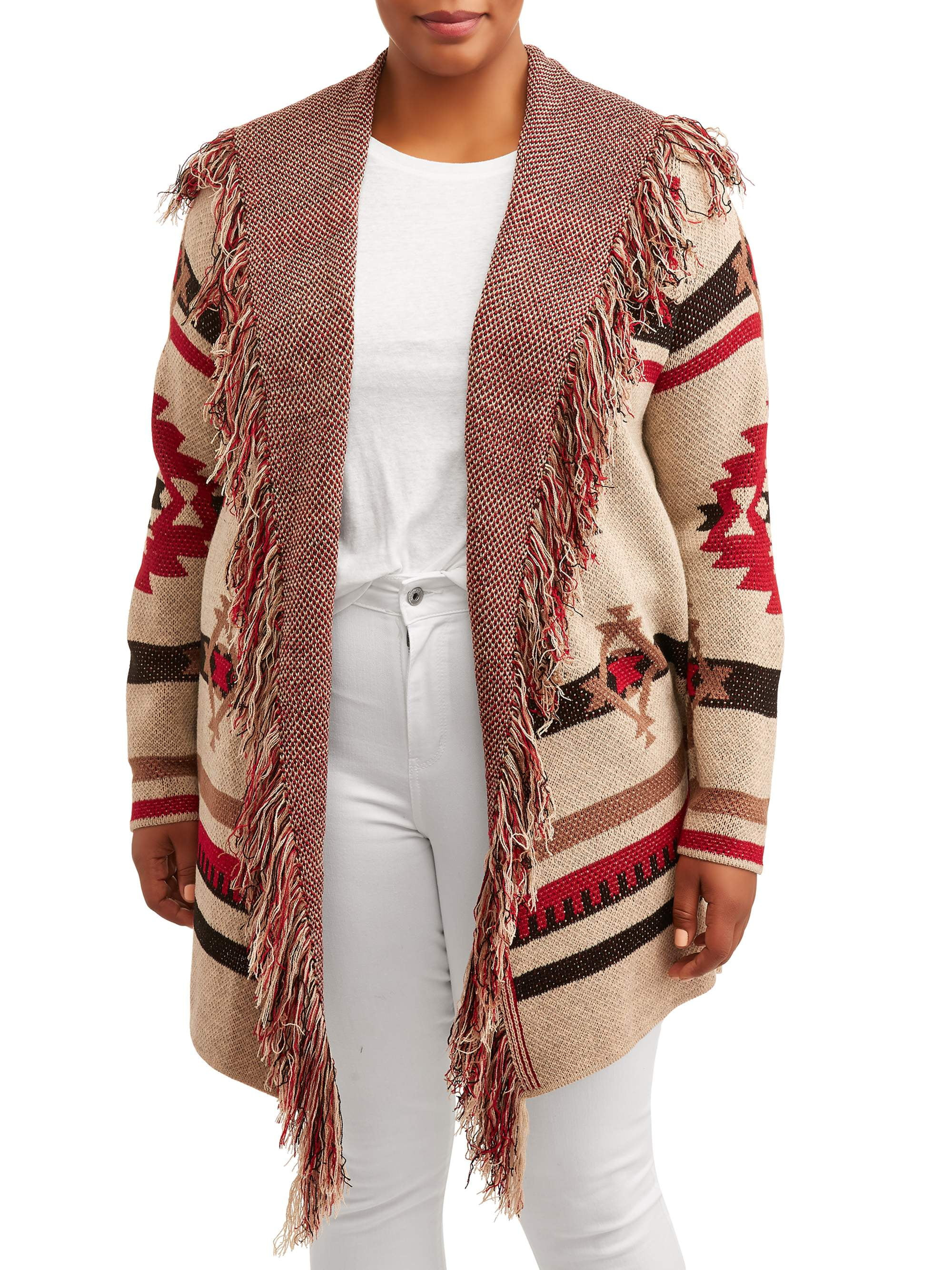 Absolutely Famous Women's Plus Size Aztec Jacquard Open-Front Cardigan with Fringe Trim - Walmart... | Walmart (US)