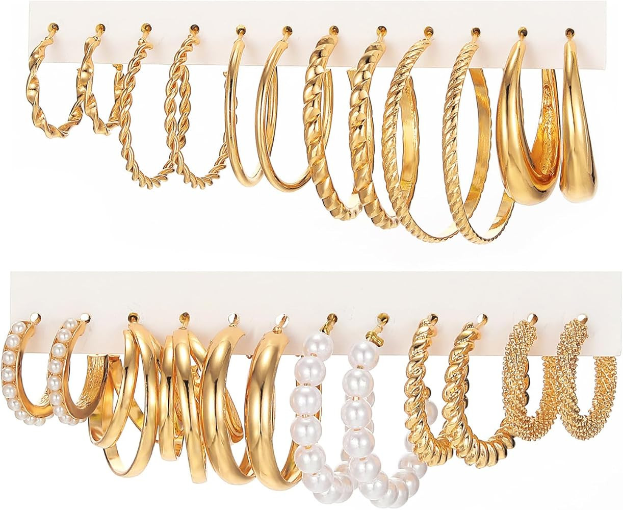 17IF 12 Pairs Gold Hoop Earring Set for Women Chunky Smooth Surface Trendy Small to Big Stud Earr... | Amazon (US)