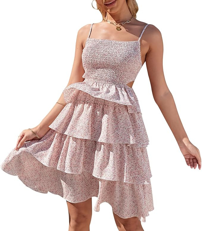 EXLURA Women’s Tie Back Cami Ruffle Smocked Dress Ditsy Floral Backless Tiered Mini Dress Spagh... | Amazon (US)