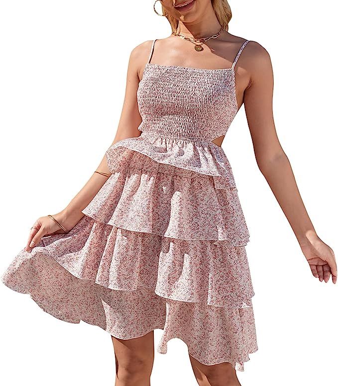 EXLURA Women’s Tie Back Cami Ruffle Smocked Dress Ditsy Floral Backless Tiered Mini Dress Spagh... | Amazon (US)
