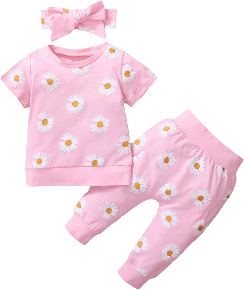 Newborn Baby Girl Clothes Short Sleeve T-Shirt Tops Flowers Pants with Headband Outfits | Amazon (US)