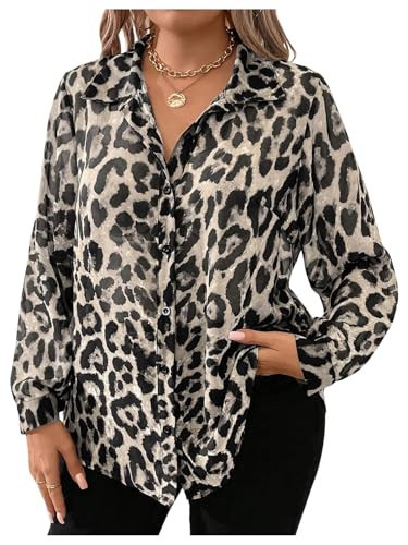 Floerns Women's Plus Size Long Sleeve Cheetah Shirts Leopard Button Down Blouse Top Black Grey Leopard XX-Large Plus | Amazon (US)