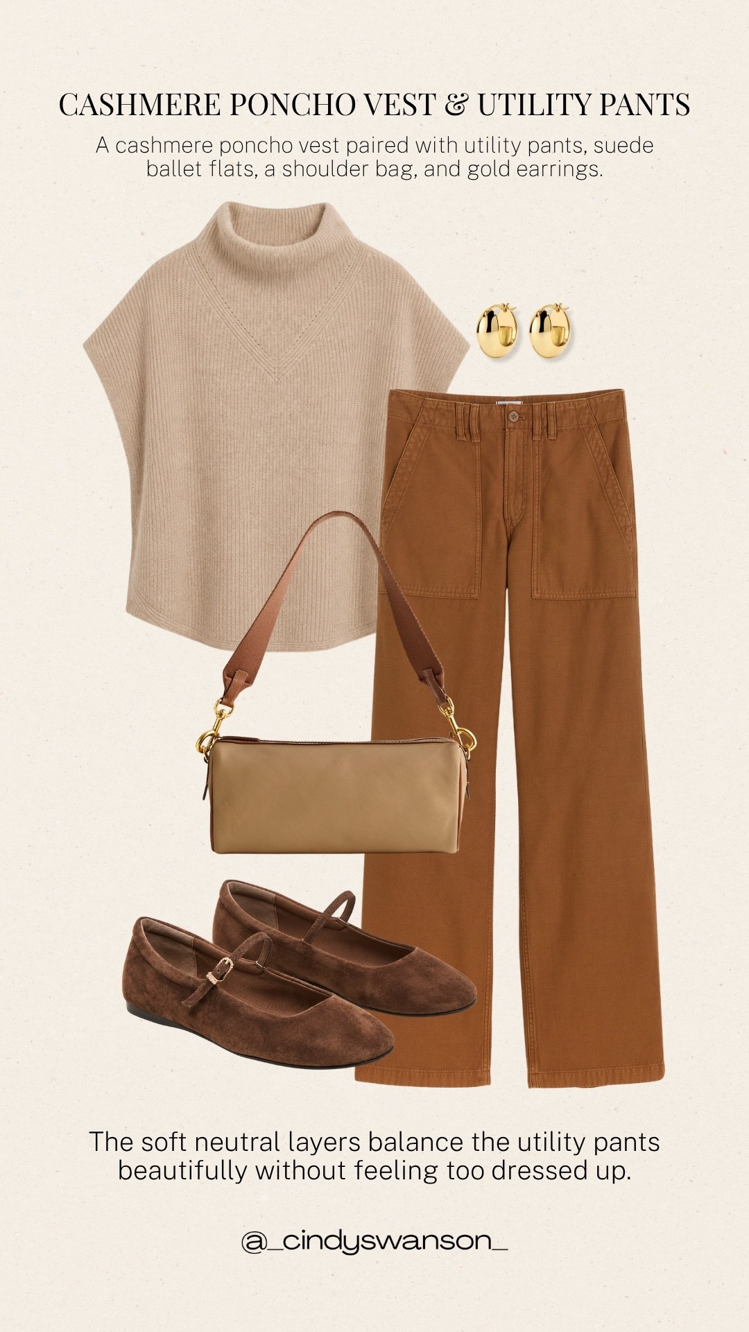 A cashmere poncho vest is such an easy way to add softness and warmth without feeling overly dressed. I love it with these warm brown utility pants, suede ballet flats, and simple gold earrings for a comfortable, polished neutral look.

💡 LTK MADE EASY
❤️ Heart = Support my posts!
🔖 Save = Get sale & restock alerts
📋 Lists = Keep favorites organized
📲 Share = Send lists and products to a friend. Hello, Christmas List!
💬 Comment = Ask me anything about what I’m wearing.:-)

#LTKootd #LTKOver40 #LTKTravel
