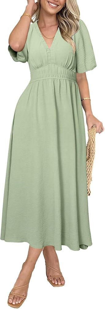 Simplee Women's Summer Flowy Midi Dress Casual V Neck Short Sleeve Empire Waist Boho Beach Dress ... | Amazon (US)