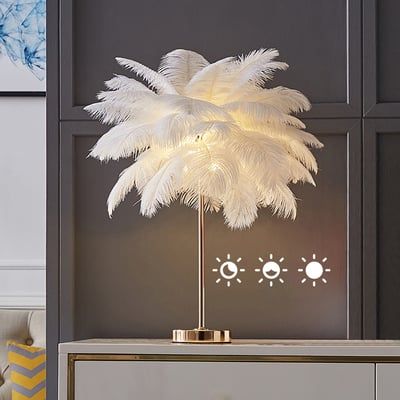 Loftus Art Deco Gold Portable Table Lamp with White Feather USB Charging & Dimmable-Homary | Homary