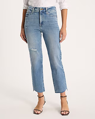 High Waisted Light Wash Flexx Ripped Raw Hem Straight Ankle Jeans | Express