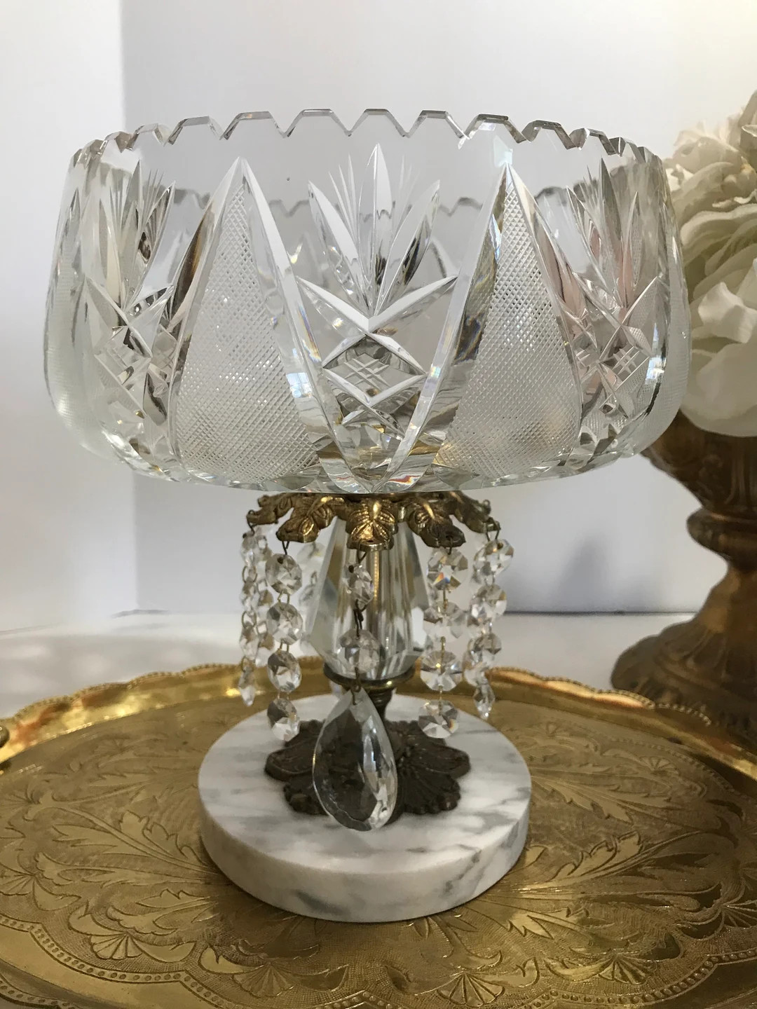 Vintage Hollywood Regency cut crystal glass compote and brass bowl on brass and marble pedestal, ... | Etsy (US)