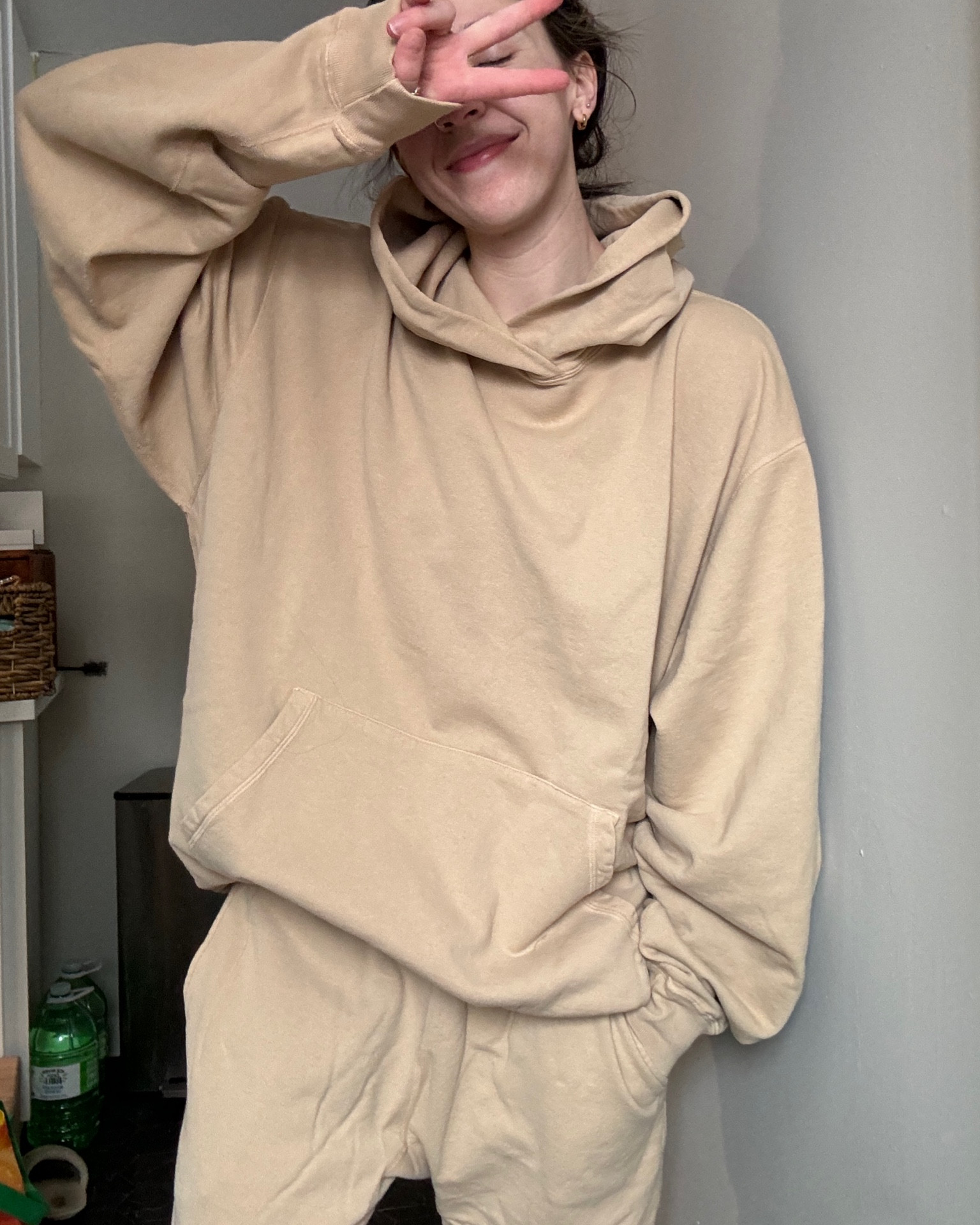 The current go-to outfit, I’m in a 5 in the hoodie and 2 in the joggers 