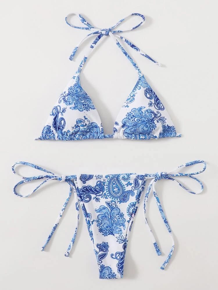 Floral & Paisley Triangle Thong Bikini Swimsuit | SHEIN