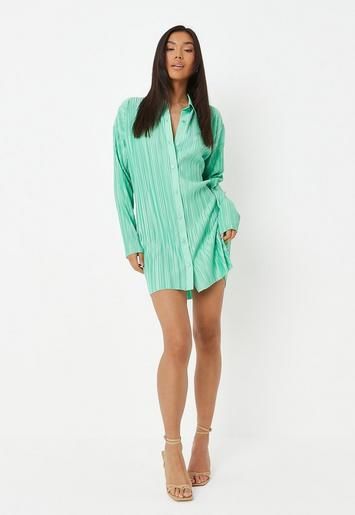 Missguided - Green Oversized Plisse Shirt Dress | Missguided (US & CA)
