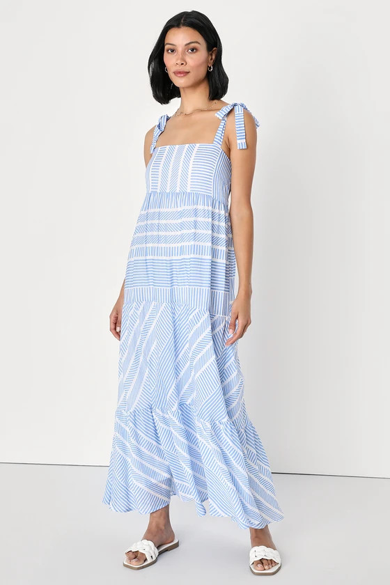 Bahamas Bliss White and Blue Geo Print Tie-Strap Maxi Dress | Lulus (US)