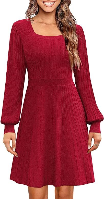 Miladusa Sweater Dress for Women Long Sleeve Square Neck Knee Length Casual Knit Babydoll Dresses | Amazon (US)