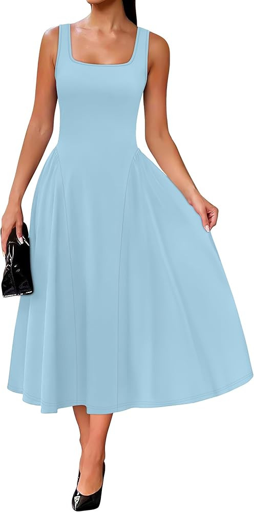 OFEEFAN Summer Dresses for Women Square Neck Corset A Line Maxi Dress Ruffle Ruched Waist Flowy O... | Amazon (US)