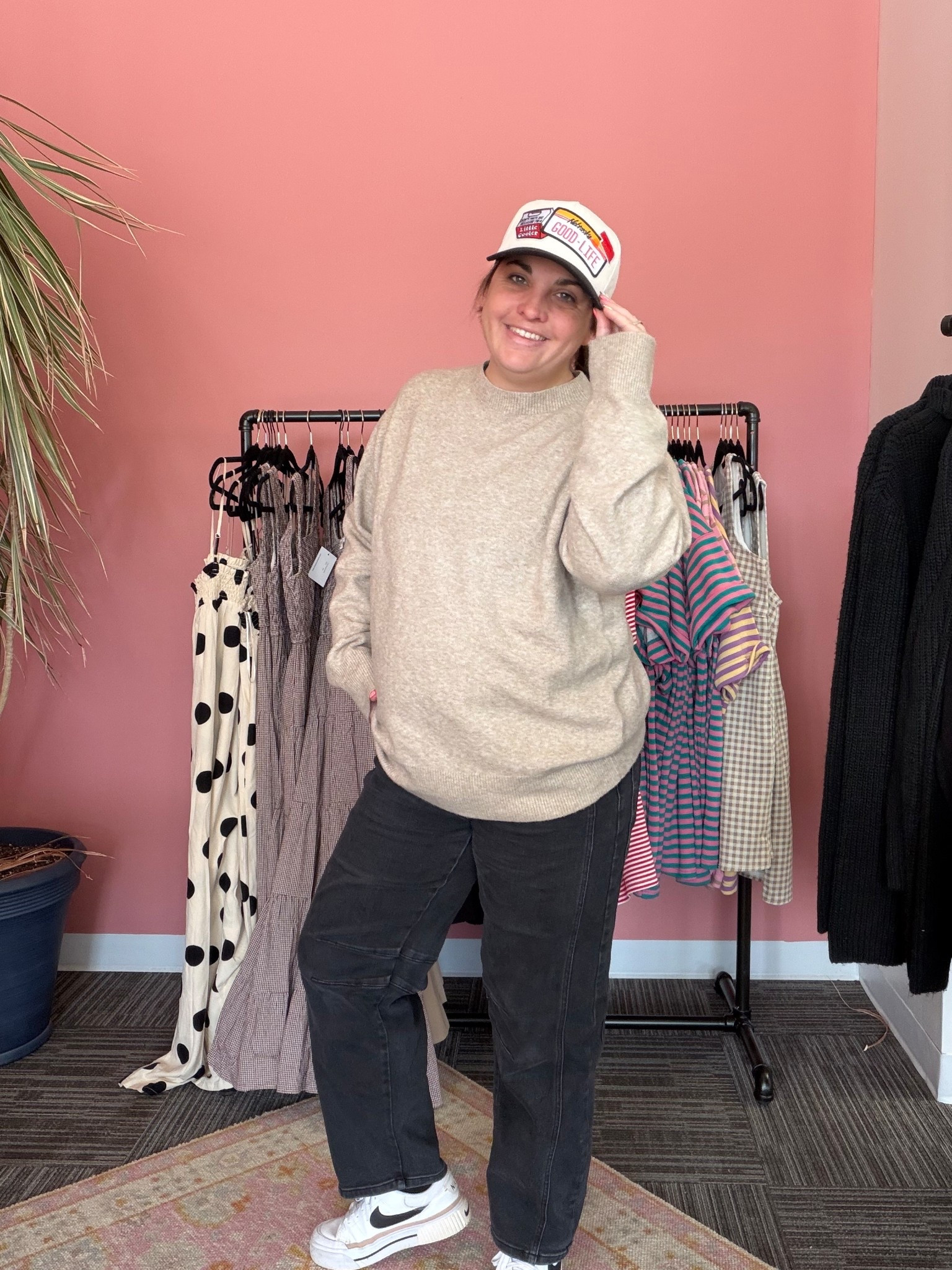 Outfit of the day as a busy mom and boutique owner: barrels, trucker, oversized sweater, and platform sneakers. 

Barrels and hat from my boutique Onyx Native. 

#LTKootd #LTKdayinmylife #LTKMidsize