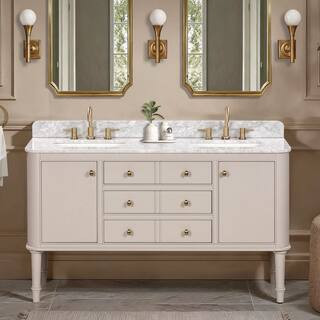 Collette 60 in. Double Sink Greige Bath Vanity with White Carrara Marble Top (Assembled) | The Home Depot