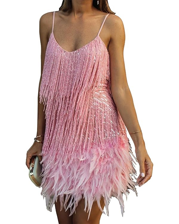 Amazon.com: ECDAHICC Women's Flapper Dress Sequins Fringe Strappy Dress Gillter 1920s Gatsby Feat... | Amazon (US)