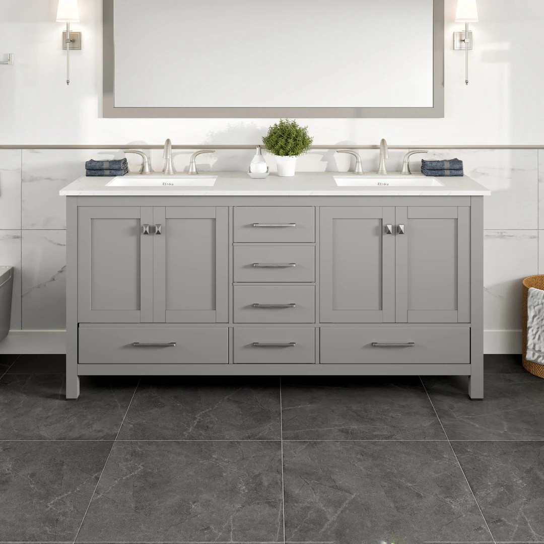 Eviva Aberdeen 72-in Gray Undermount Double Sink Bathroom Vanity with White Quartz Top Stainless Steel | EVVN412-72GR-Q | Lowe's