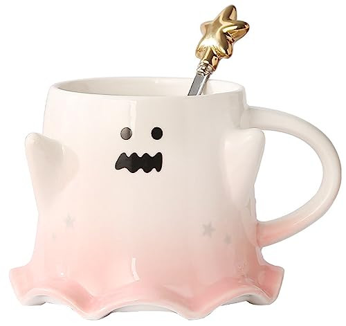 KKGUD Novelty Tea Cup, Ceramic 15.5oz Halloween Coffee Mug with Spoon- Scary Ghost (Pink) | Amazon (US)