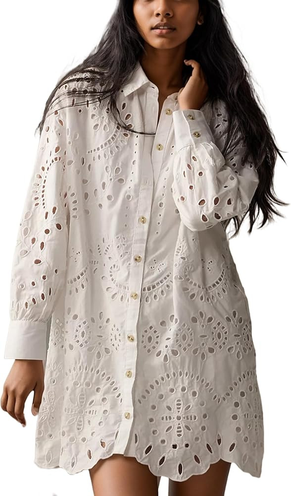 Livtany Women’s Button Down Shirt Dress Solid Eyelet Embroidery Cover Up Dress Casual Oversized... | Amazon (US)