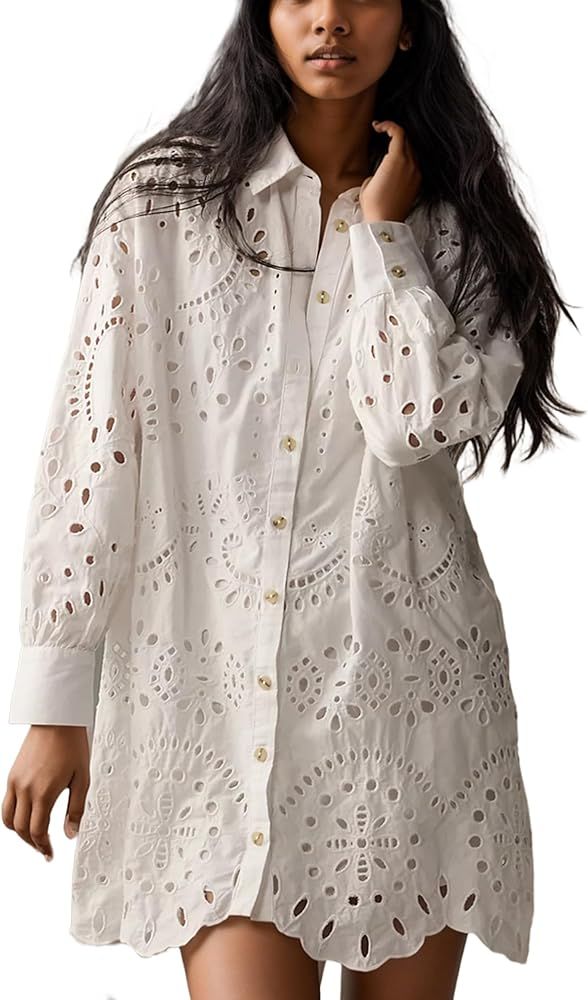 Women Hollow Out Eyelet Button Down Lapel V Neck Long Sleeve Ruffle Flowy Solid Oversized Loose M... | Amazon (US)