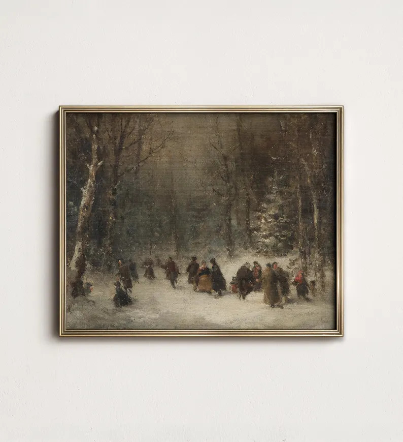 Vintage Dark Winter Scene Wall Art, Antique Snowy Landscape Holiday Decor, Rustic Christmas Digit... | Etsy (US)