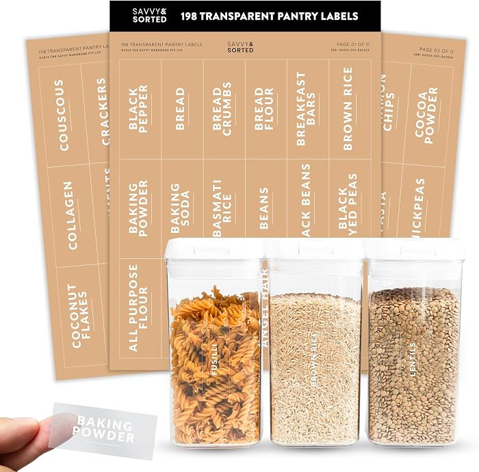 SAVVY & SORTED Pantry Labels for Food Containers, 198 Modern Font Kitchen Labels for Containers o... | Amazon (US)