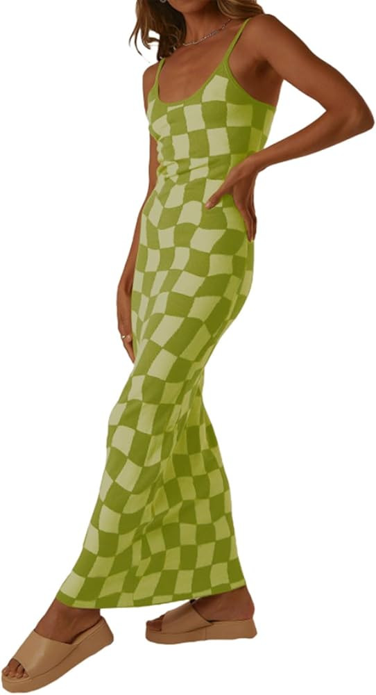 Low Cut Ribbed Knit Long Bodycon Sling Dress Sleeveless Spaghetti Straps Club Party Floral Maxi D... | Amazon (US)