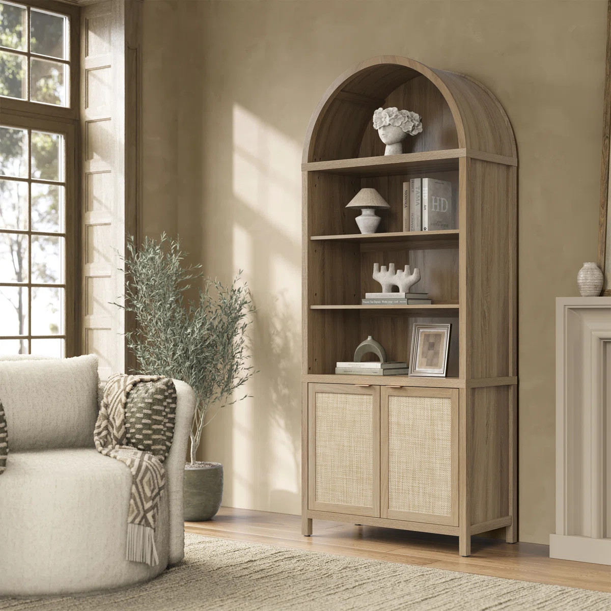 84.25''H Rattan Arched Bookcase With Adjustable Shelf | Wayfair North America