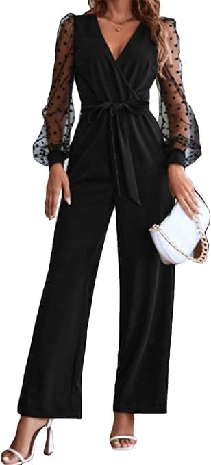 Mesh Long Sleeve V Wrap Neck Wide Leg Pants One Piece Jumpsuit | Amazon (US)