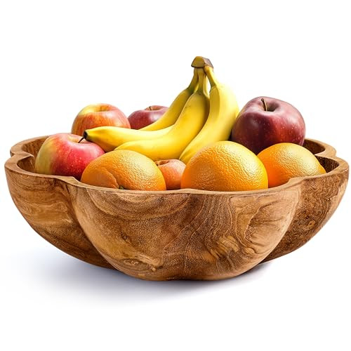 Wooden Fruit Bowl for Kitchen Counter - 11.8" x 3.2" Large Teak Wood Serving Bowl for Food, Salad... | Amazon (US)