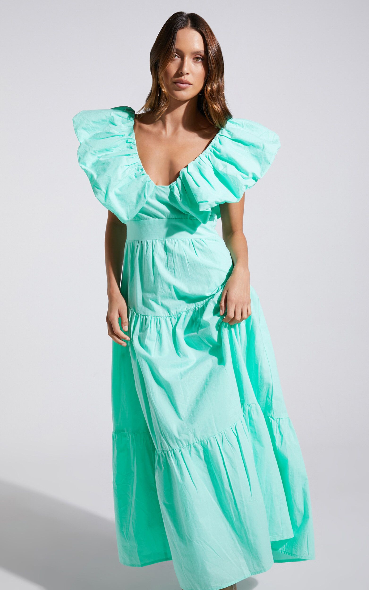 Laurah Ruffle V Neck Tiered Midi Dress in Mint | Showpo (US, UK & Europe)