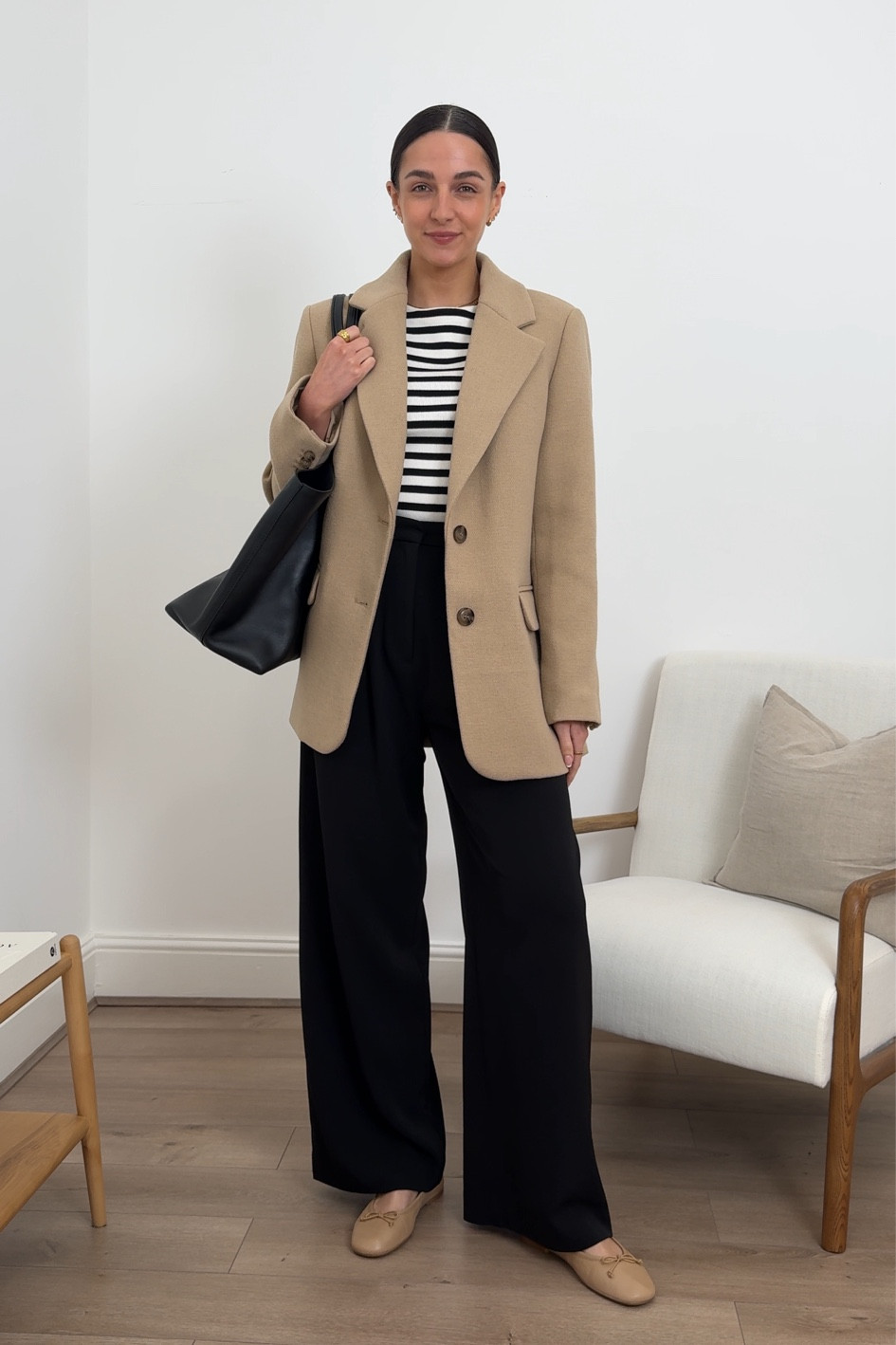 Smart casual workwear, office outfit, autumn outfit, black trousers, stripe top, camel blazer, H&M, LilySilk, Boden, ballet flats 

#LTKstyletip #LTKworkwear #LTKeurope