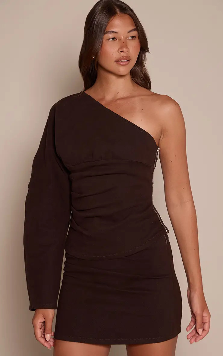 Tops | Raw Indigo Ruched Single Sleeve Denim Top | PrettyLittleThing | PrettyLittleThing US