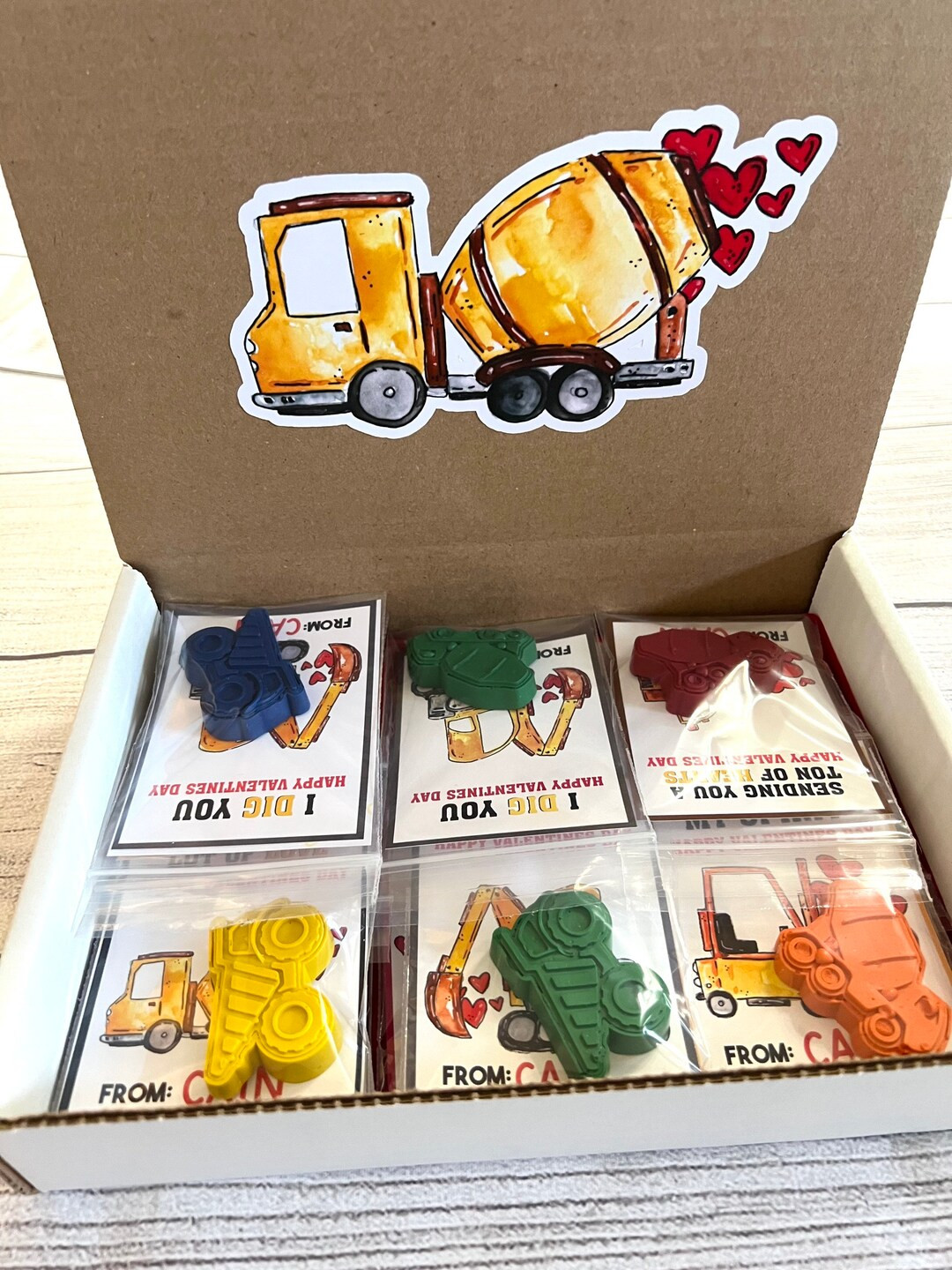 Kids construction Valentines Cards with crayons. Boys. Personalized. Class favors. Dump truck cra... | Etsy (US)