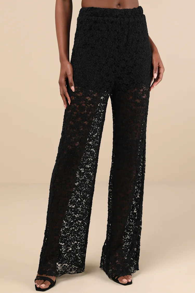 Stunning Pick Black Sheer Lace High-Rise Wide-Leg Pants | Lulus