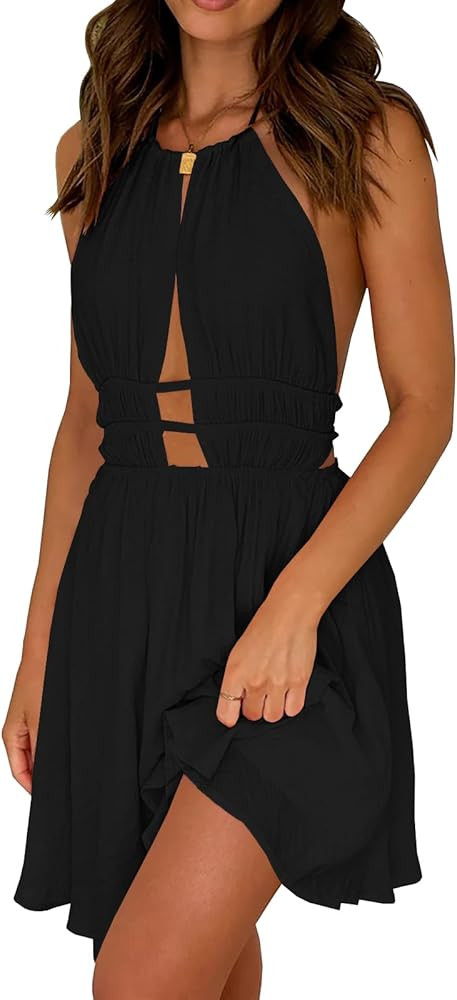 Womens 2024 Summer Sleeveless Halter Dress Solid Color Backless A-line Mini Casual Dress | Amazon (US)