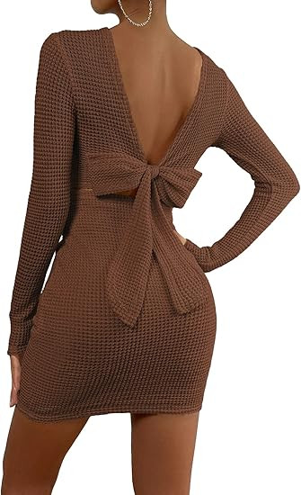Floerns Women's Solid Long Sleeve Backless Tie Back Bodycon Pencil Dress | Amazon (US)