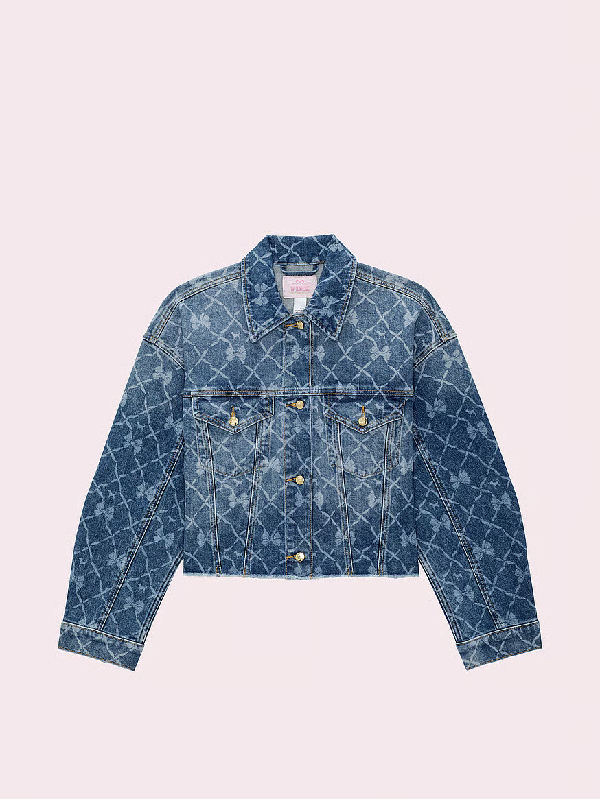 Buy PINK x LoveShackFancy Cropped Denim Jacket, Bright Medium Wash - Order Jackets & Outerwear on... | Victoria's Secret (US / CA )